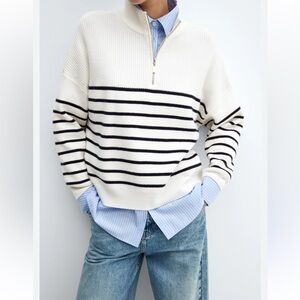 Zara Cream & Black Striped Quarter Zip Knit Sweater Size Small